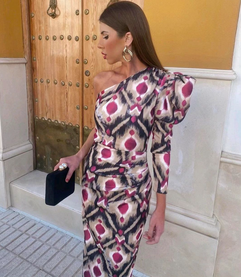 Liliana - Vestido Midi Con Manga Abullonada De Un Solo Hombro
