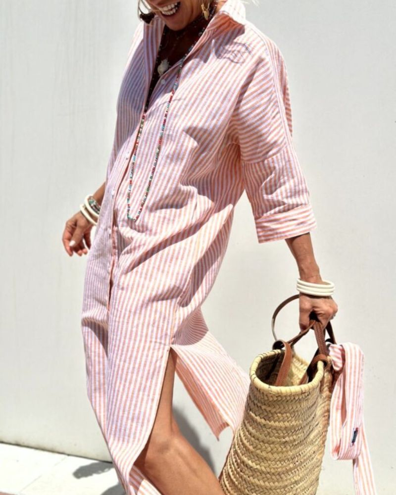 Alba - Vestido Camisero Clásico Con Rayas y Cordones