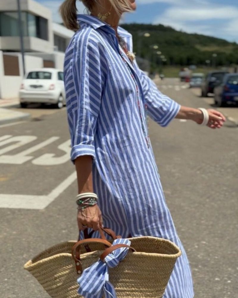 Alba - Vestido Camisero Clásico Con Rayas y Cordones