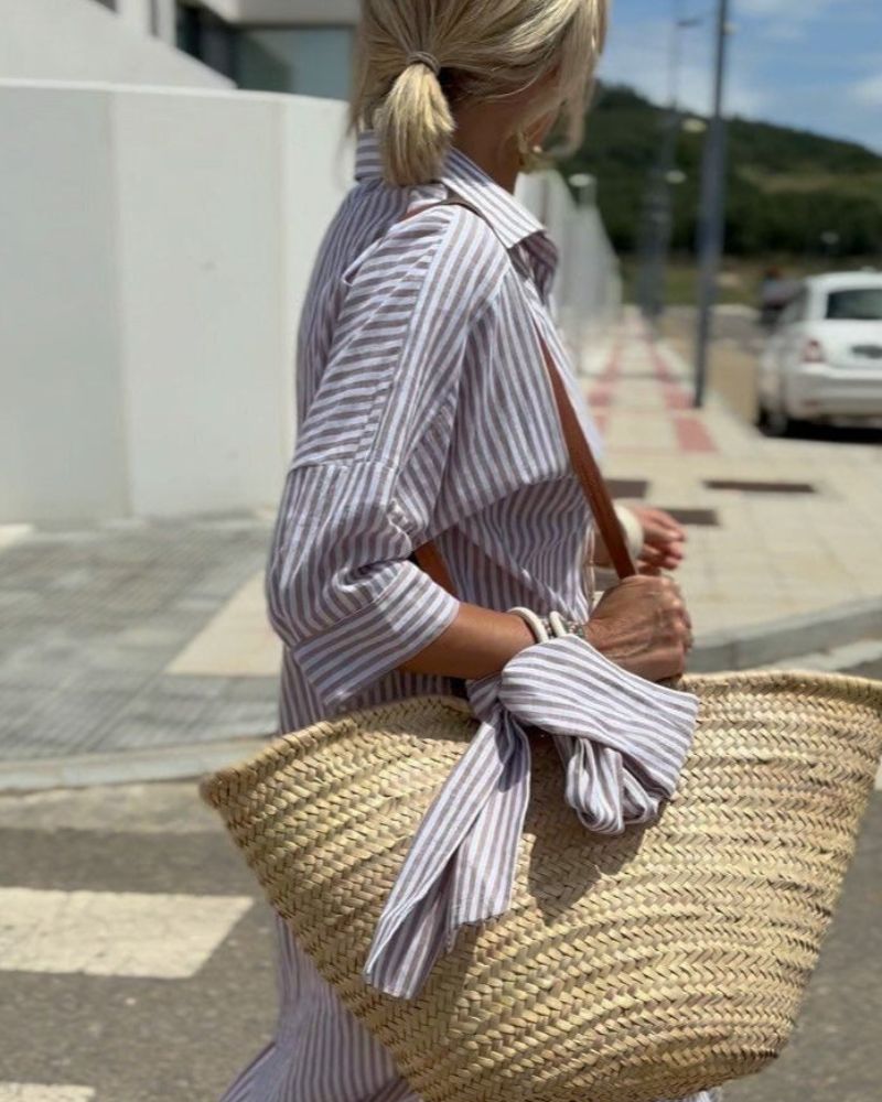 Alba - Vestido Camisero Clásico Con Rayas y Cordones