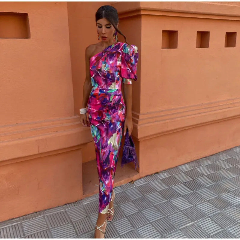 Liliana - Vestido Midi Con Manga Abullonada De Un Solo Hombro
