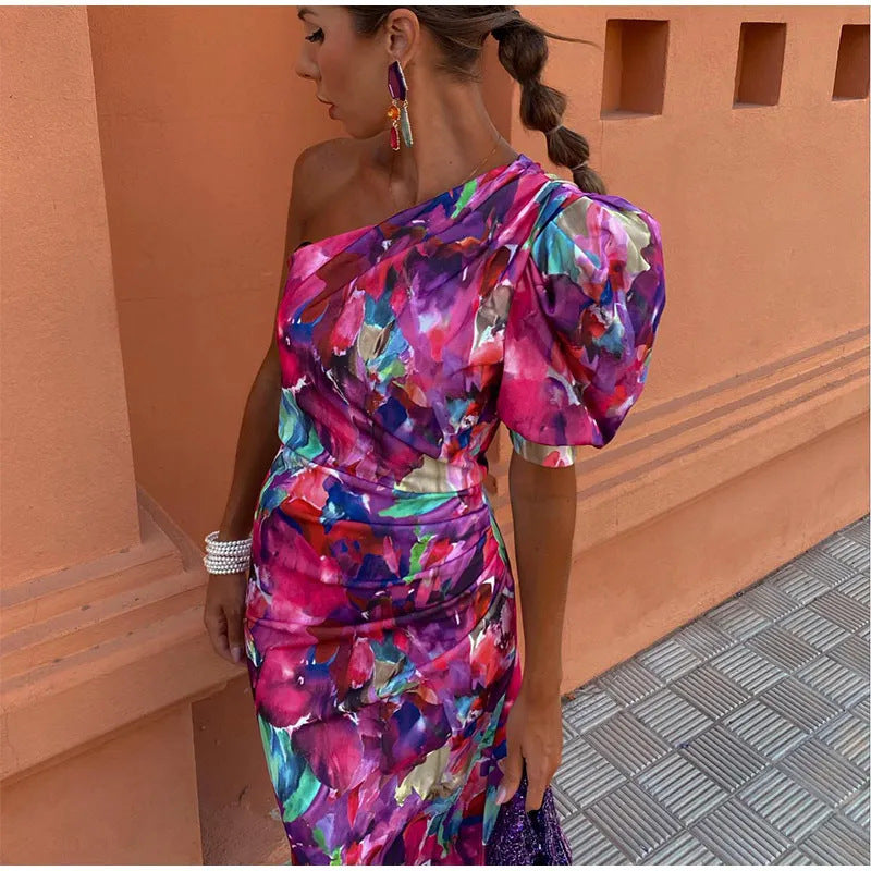 Liliana - Vestido Midi Con Manga Abullonada De Un Solo Hombro