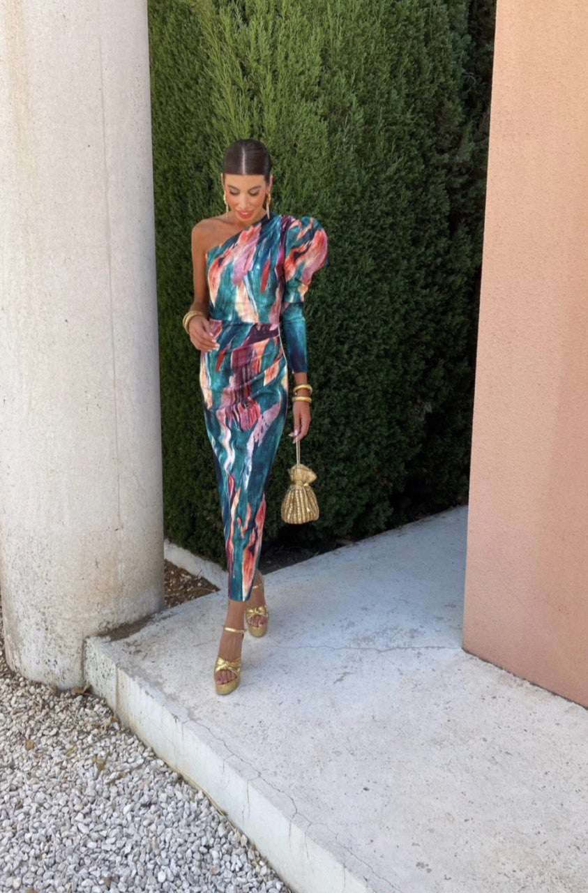 Liliana - Vestido Midi Con Manga Abullonada De Un Solo Hombro