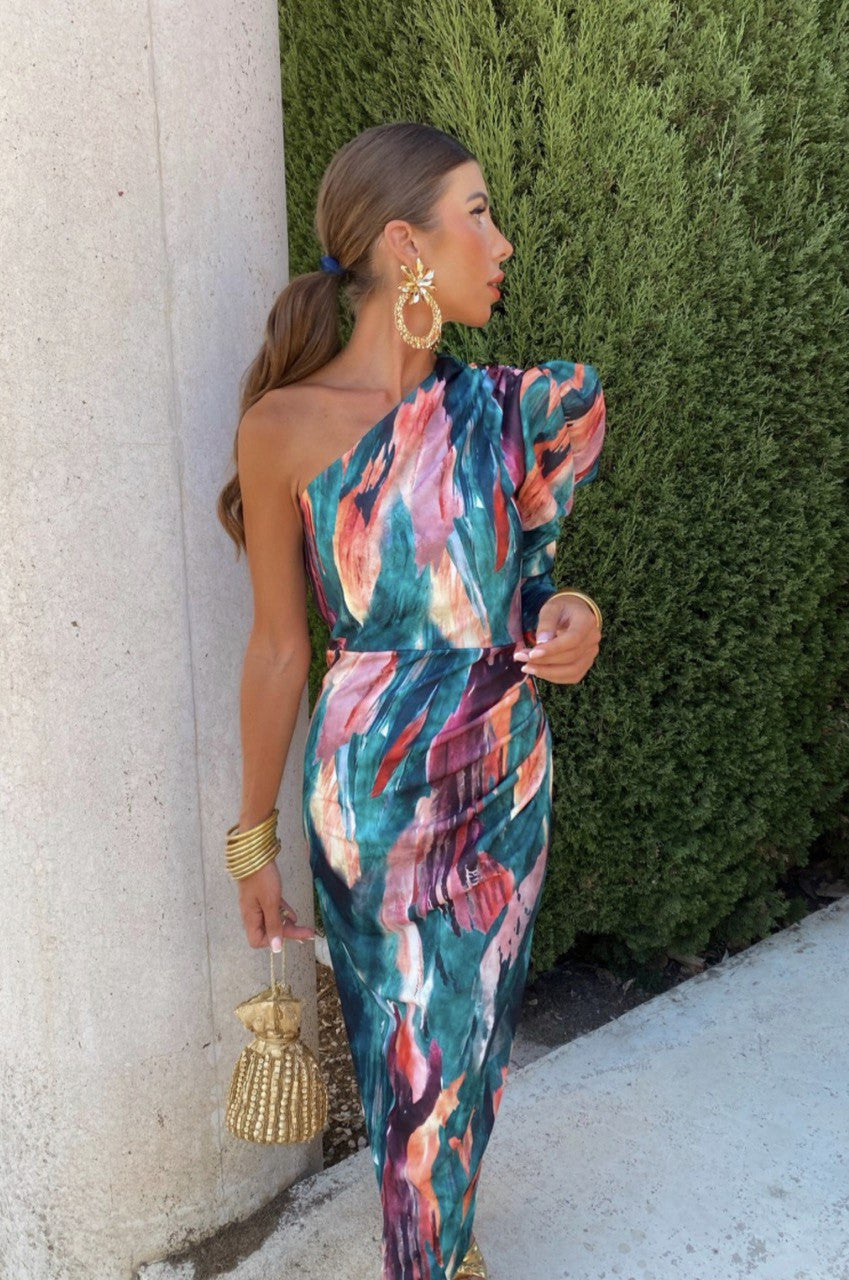 Liliana - Vestido Midi Con Manga Abullonada De Un Solo Hombro