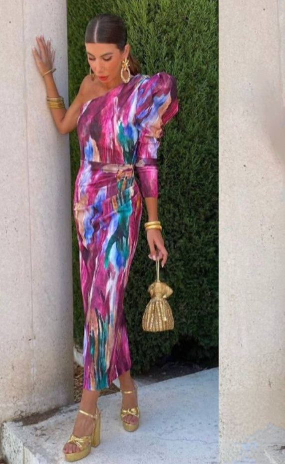 Liliana - Vestido Midi Con Manga Abullonada De Un Solo Hombro