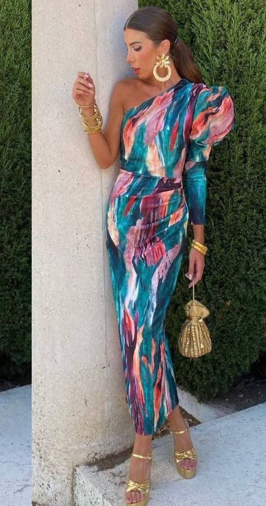 Liliana - Vestido Midi Con Manga Abullonada De Un Solo Hombro