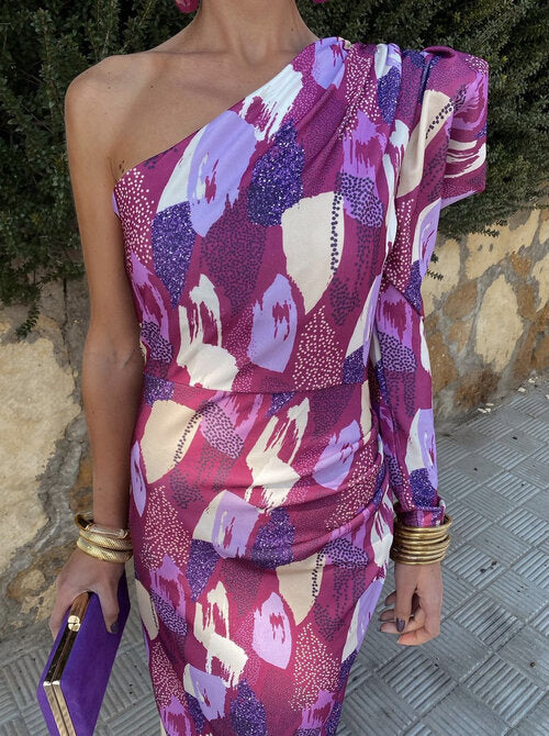 Liliana - Vestido Midi Con Manga Abullonada De Un Solo Hombro