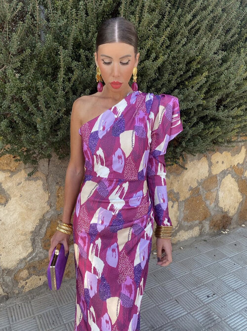 Liliana - Vestido Midi Con Manga Abullonada De Un Solo Hombro