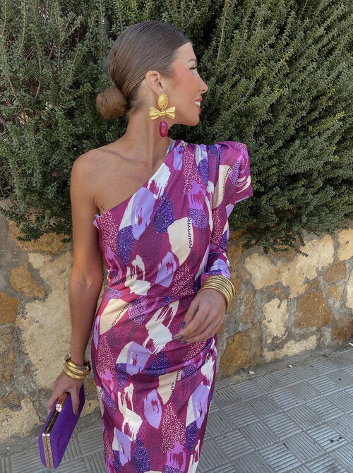 Liliana - Vestido Midi Con Manga Abullonada De Un Solo Hombro