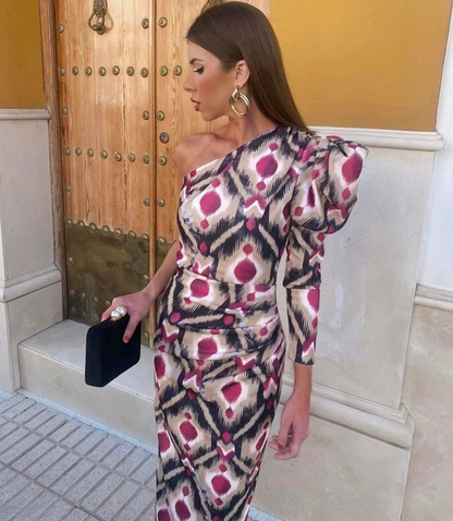 Liliana - Vestido Midi Con Manga Abullonada De Un Solo Hombro