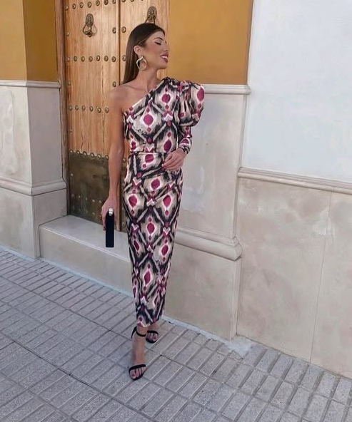 Liliana - Vestido Midi Con Manga Abullonada De Un Solo Hombro