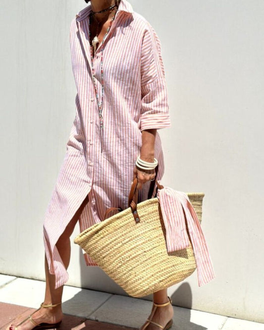 Alba - Vestido Camisero Clásico Con Rayas y Cordones