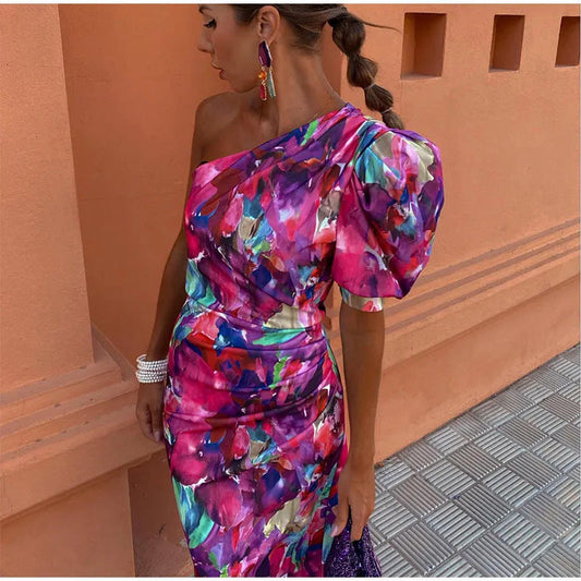 Liliana - Vestido Midi Con Manga Abullonada De Un Solo Hombro