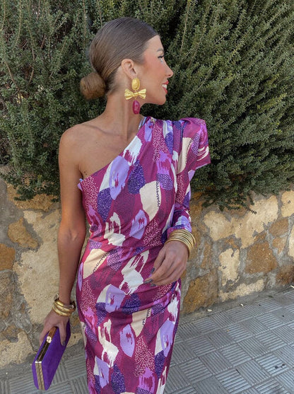 Liliana - Vestido Midi Con Manga Abullonada De Un Solo Hombro